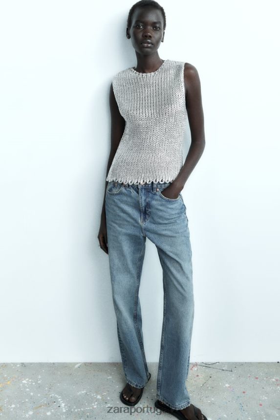 colete de malha metálica mulheres Zara prata Z2080L213 roupas