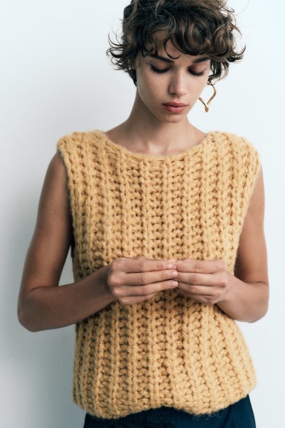colete de malha recortado mulheres Zara mostarda Z2080L196 roupas