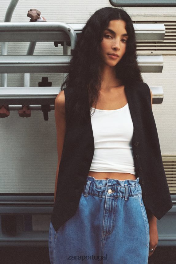 colete de mistura de linho sob medida mulheres Zara preto Z2080L219 roupas