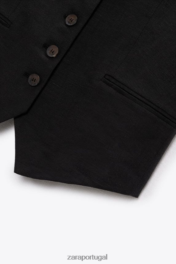 colete de mistura de linho sob medida mulheres Zara preto Z2080L219 roupas