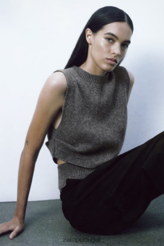 suéter de mistura de lã com corte recortado mulheres Zara meio cinza Z2080L200 roupas