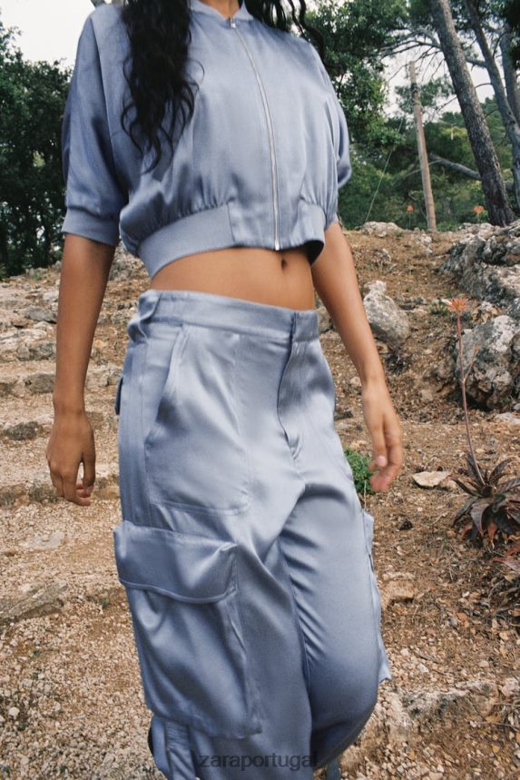 bombardeiro colheita efeito cetim mulheres Zara azul Z2080L122 roupas