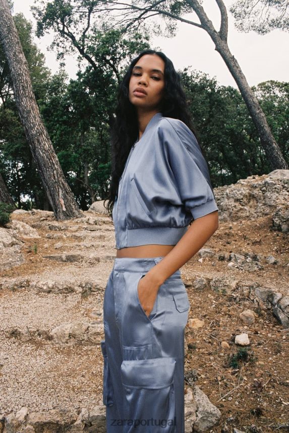 bombardeiro colheita efeito cetim mulheres Zara azul Z2080L122 roupas
