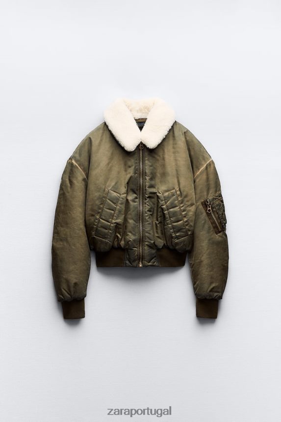 bombardeiro de nylon com efeito desgastado mulheres Zara cáqui Z2080L9 roupas