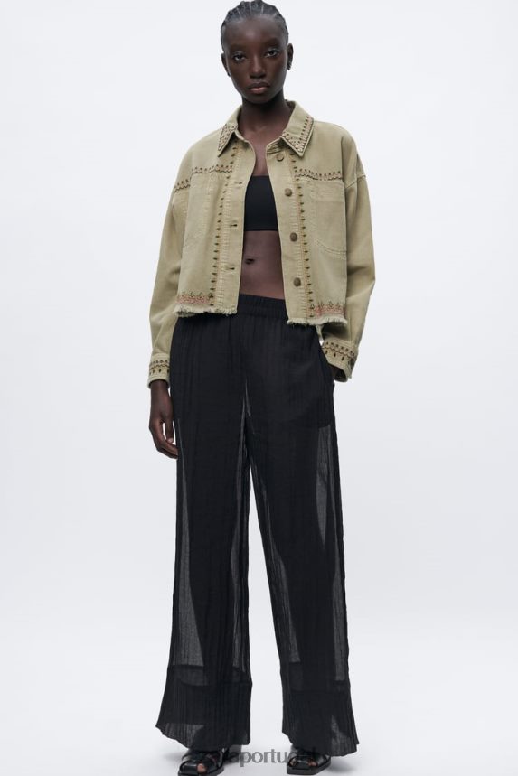 camiseta bordada mulheres Zara cáqui Z2080L90 roupas