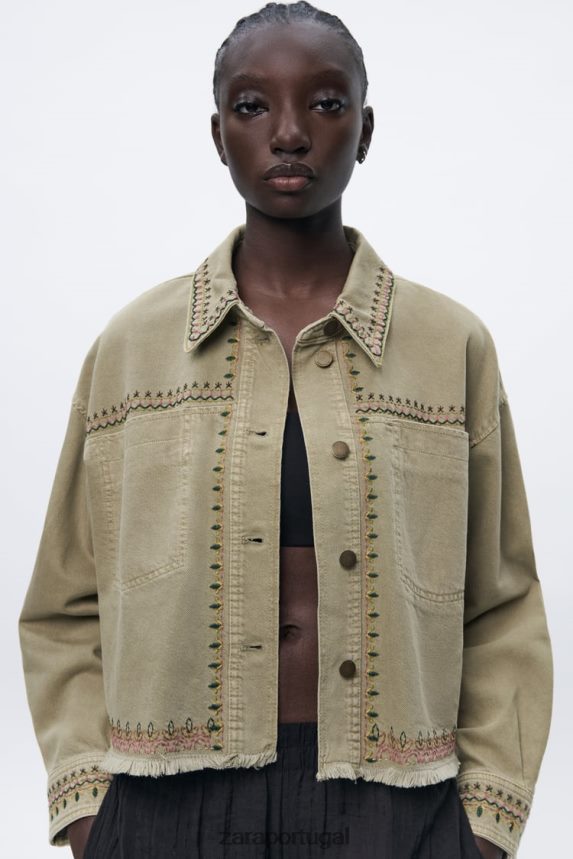 camiseta bordada mulheres Zara cáqui Z2080L90 roupas