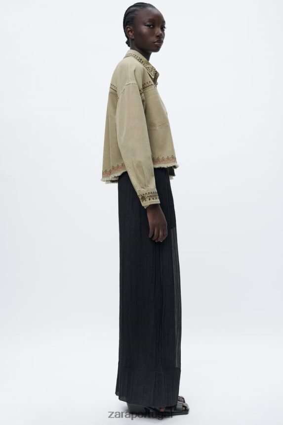 camiseta bordada mulheres Zara cáqui Z2080L90 roupas