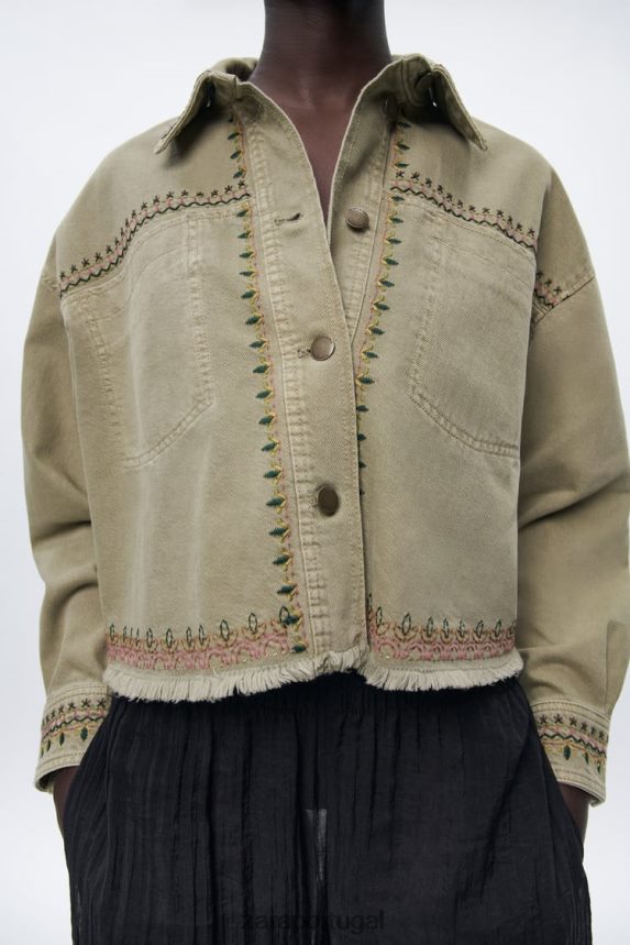 camiseta bordada mulheres Zara cáqui Z2080L90 roupas