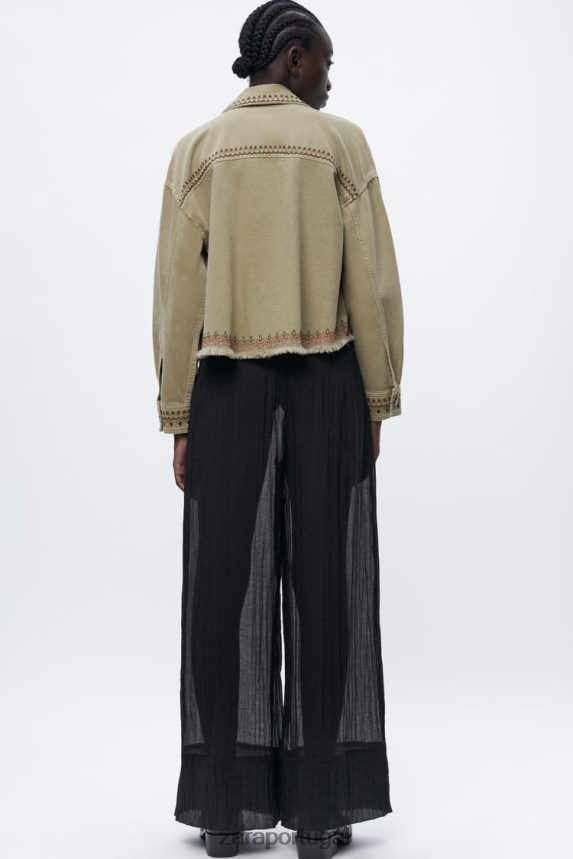 camiseta bordada mulheres Zara cáqui Z2080L90 roupas
