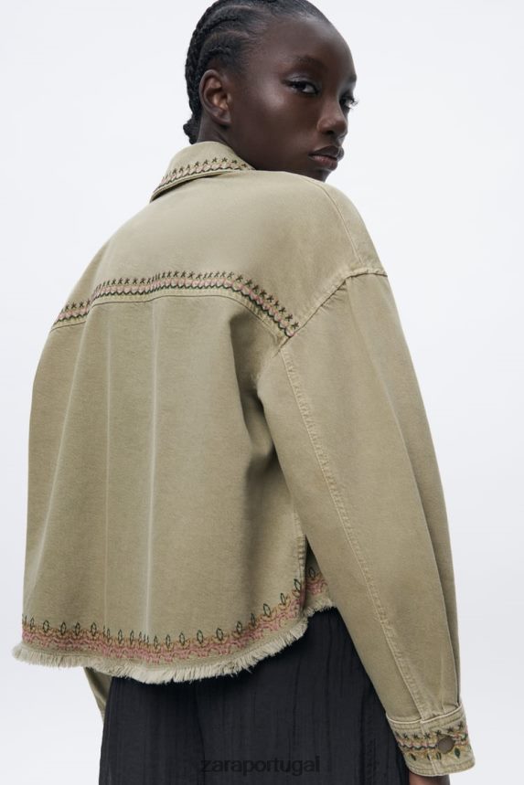 camiseta bordada mulheres Zara cáqui Z2080L90 roupas