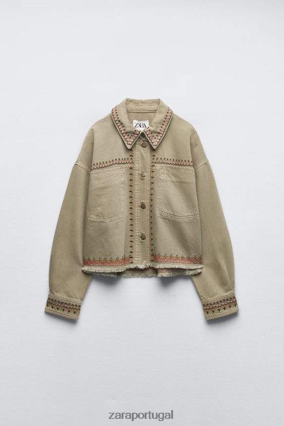 camiseta bordada mulheres Zara cáqui Z2080L90 roupas