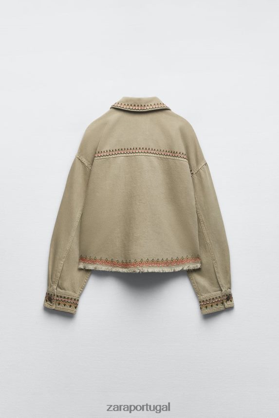 camiseta bordada mulheres Zara cáqui Z2080L90 roupas