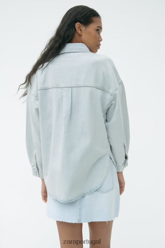 camiseta jeans z1975 com bolso remendo mulheres Zara azul claro Z2080L121 roupas