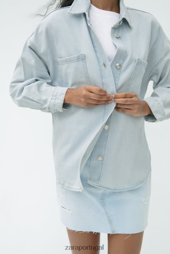 camiseta jeans z1975 com bolso remendo mulheres Zara azul claro Z2080L121 roupas