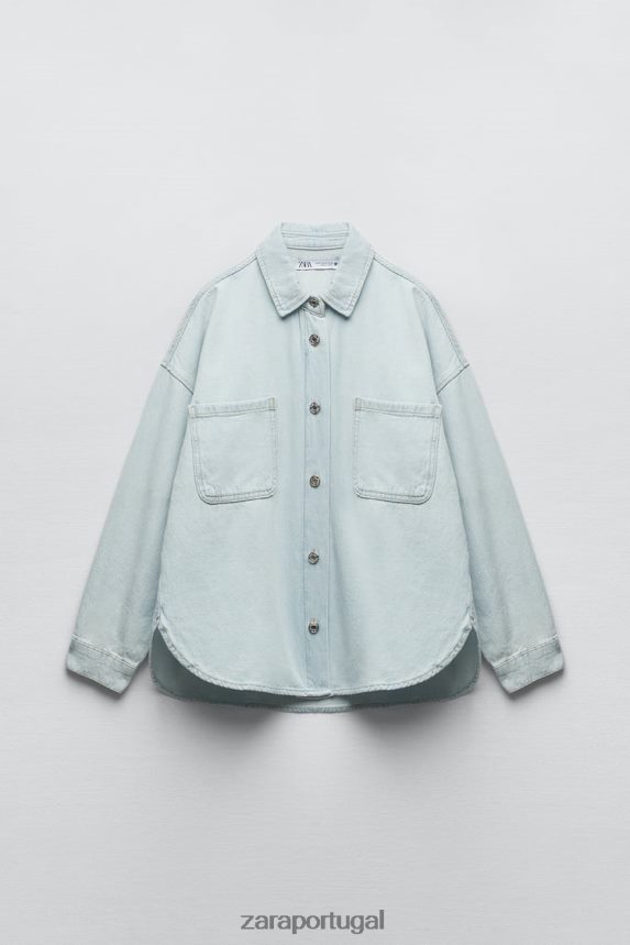 camiseta jeans z1975 com bolso remendo mulheres Zara azul claro Z2080L121 roupas