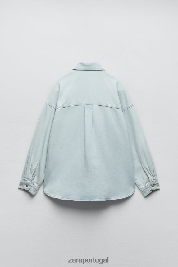 camiseta jeans z1975 com bolso remendo mulheres Zara azul claro Z2080L121 roupas