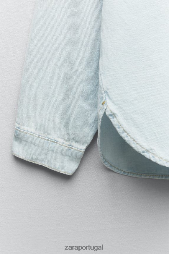 camiseta jeans z1975 com bolso remendo mulheres Zara azul claro Z2080L121 roupas