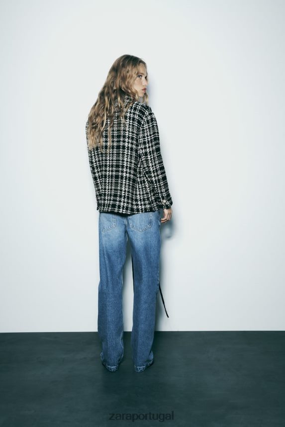 camiseta xadrez texturizada mulheres Zara preto/cru Z2080L8 roupas