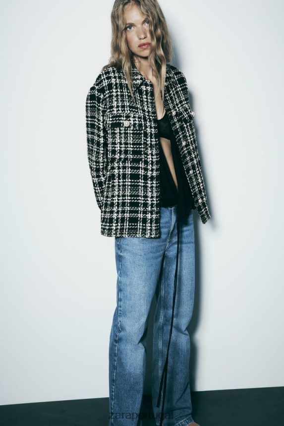 camiseta xadrez texturizada mulheres Zara preto/cru Z2080L8 roupas