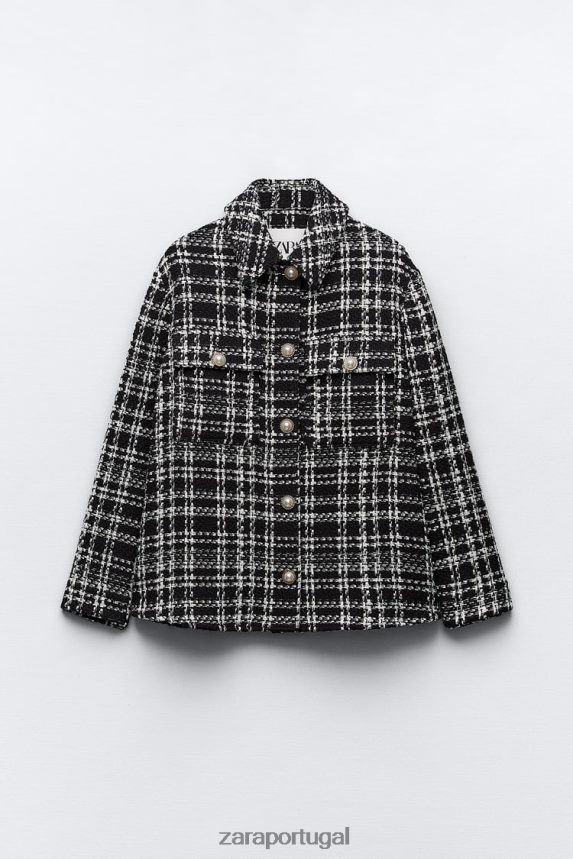 camiseta xadrez texturizada mulheres Zara preto/cru Z2080L8 roupas