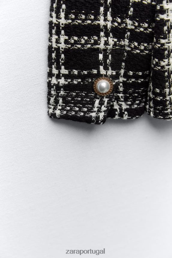 camiseta xadrez texturizada mulheres Zara preto/cru Z2080L8 roupas