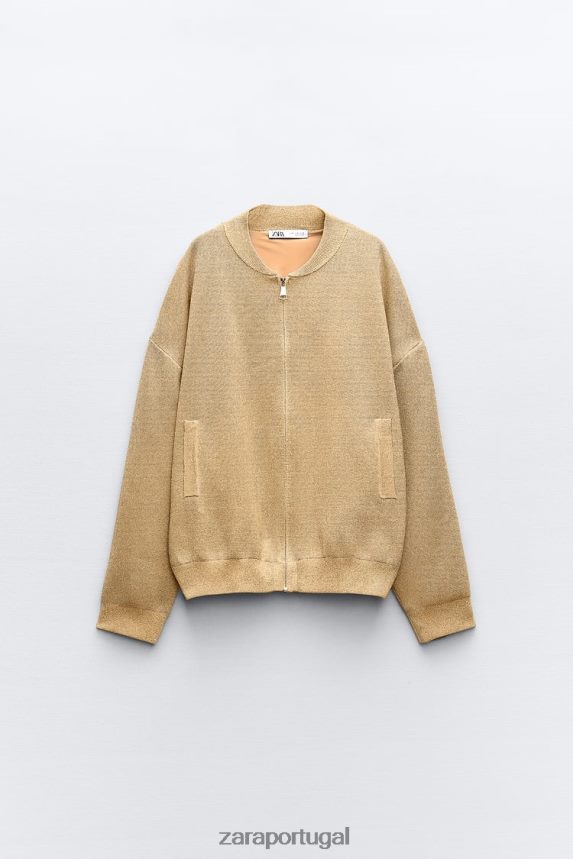 cardigan bomber tricotado com fio metalizado mulheres Zara dourado Z2080L14 roupas