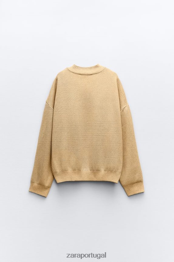 cardigan bomber tricotado com fio metalizado mulheres Zara dourado Z2080L14 roupas
