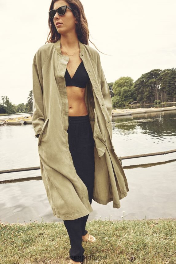 casaco longo de linho mulheres Zara cáqui Z2080L77 roupas