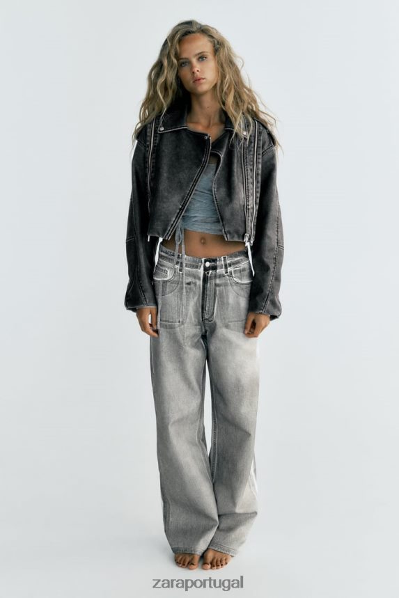 jaqueta biker de couro sintético desgastada mulheres Zara cinza Z2080L18 roupas