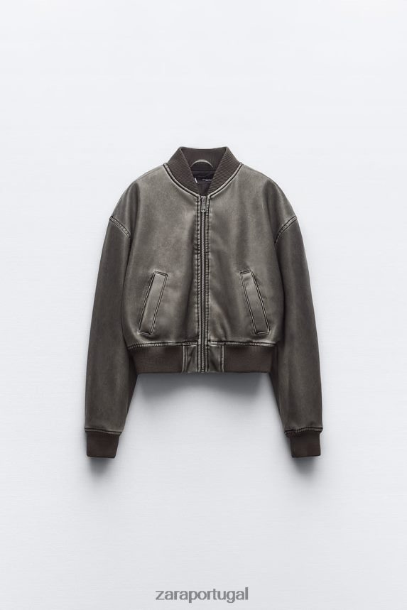 jaqueta bomber de couro sintético desgastada mulheres Zara preto Z2080L34 roupas