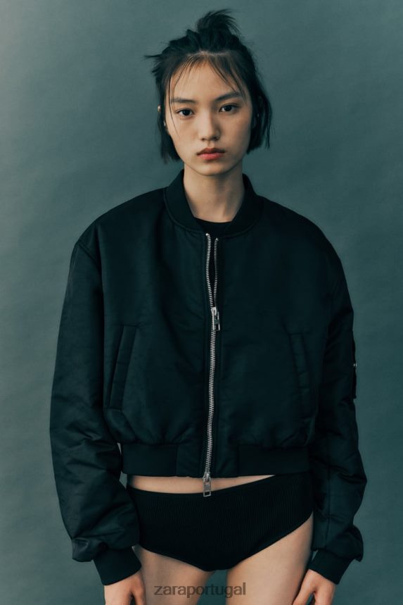 jaqueta bomber de nylon mulheres Zara preto Z2080L15 roupas