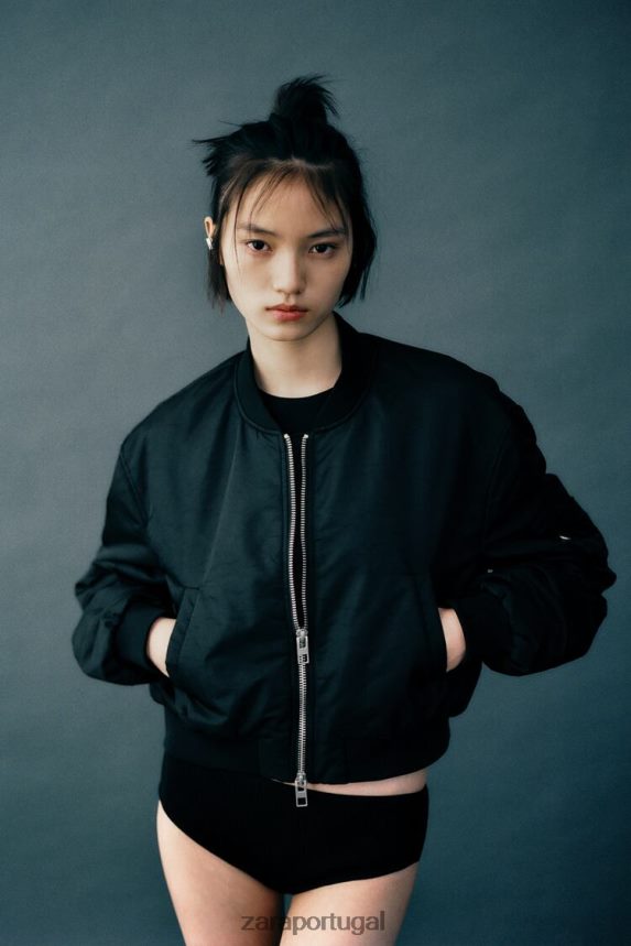 jaqueta bomber de nylon mulheres Zara preto Z2080L15 roupas