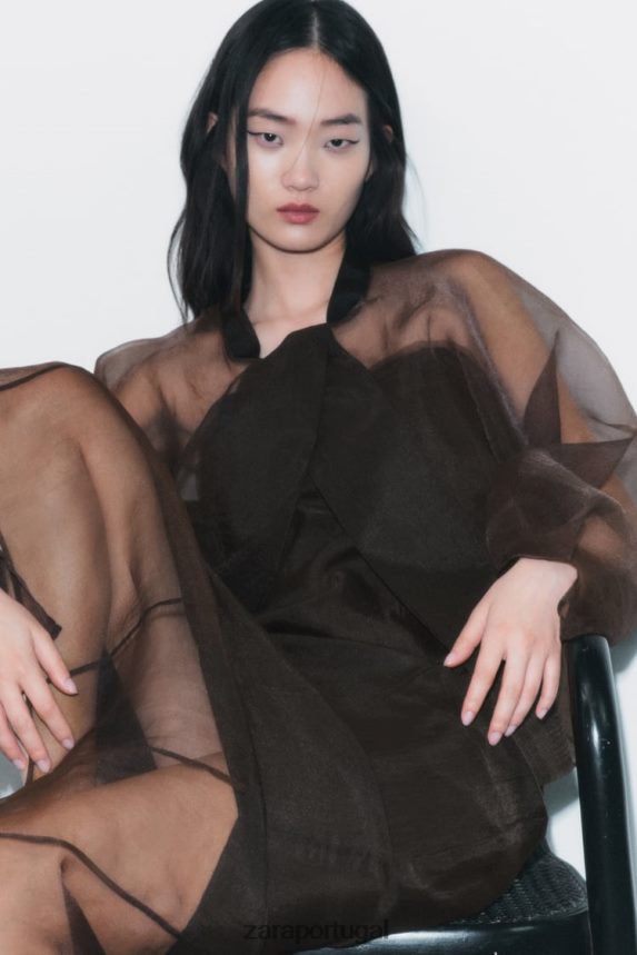 jaqueta bomber de organza contrastante mulheres Zara marrom Z2080L99 roupas