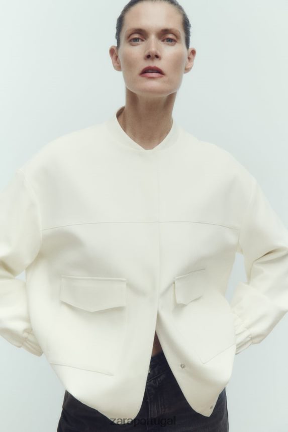jaqueta bomber longa com bolsos mulheres Zara ostra branca Z2080L89 roupas