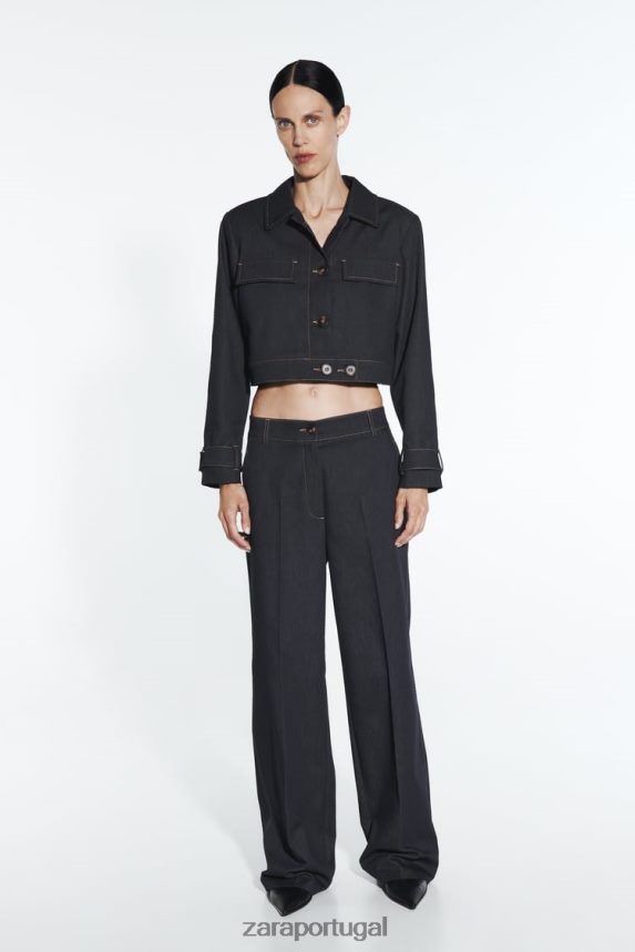 jaqueta cropped com pesponto mulheres Zara índigo Z2080L86 roupas