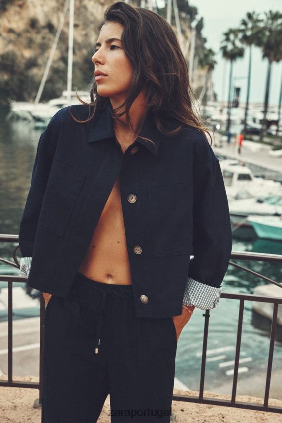 jaqueta curta mistura de linho mulheres Zara azul-marinho Z2080L58 roupas