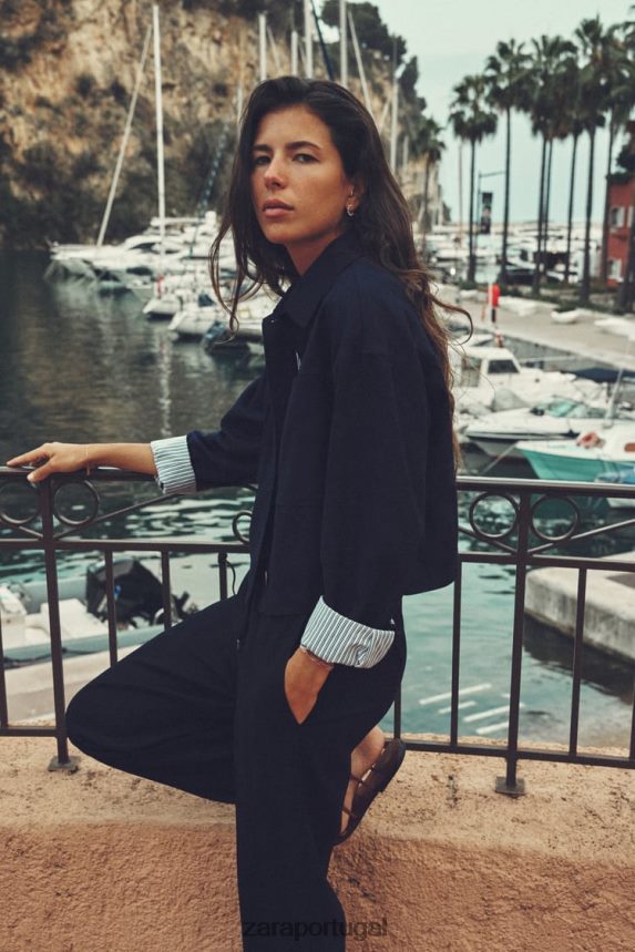 jaqueta curta mistura de linho mulheres Zara azul-marinho Z2080L58 roupas