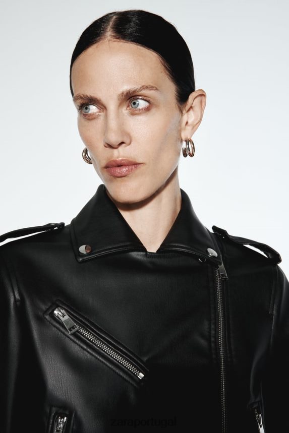 jaqueta de motociclista de couro sintético mulheres Zara preto Z2080L53 roupas