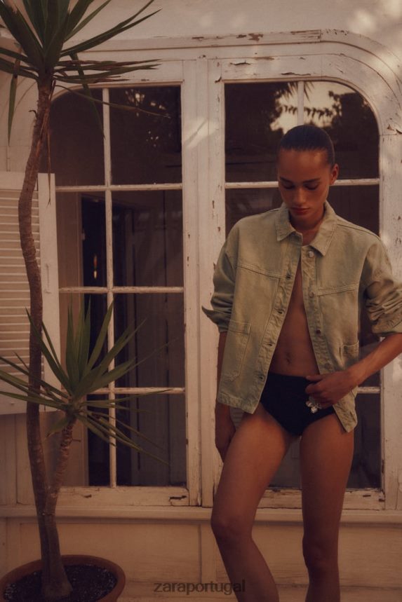 jaqueta jeans com bolso remendo mulheres Zara cáqui claro Z2080L104 roupas