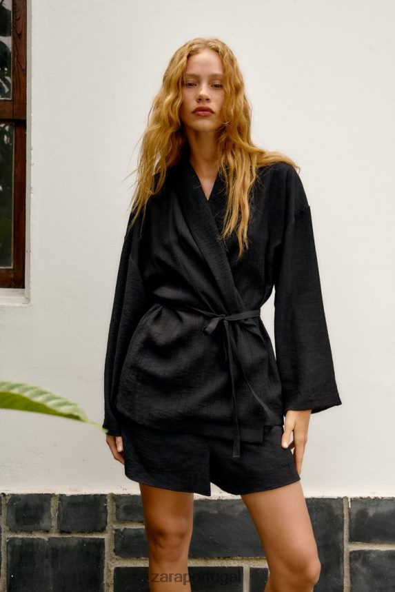 quimono envoltório texturizado mulheres Zara preto Z2080L108 roupas