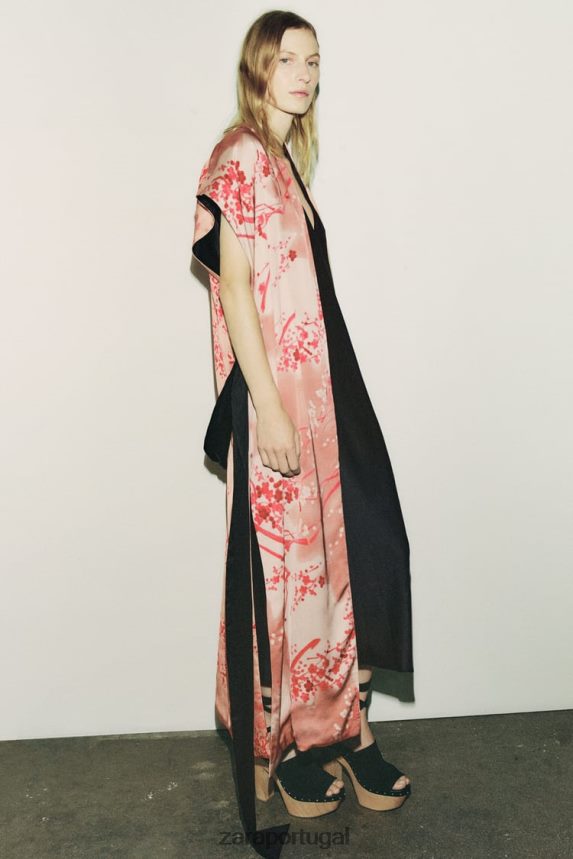 quimono estampado longo mulheres Zara rosa Z2080L105 roupas