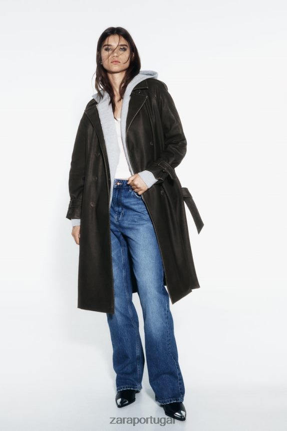 trench coat de couro sintético desgastado mulheres Zara preto Z2080L42 roupas
