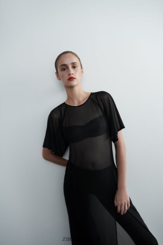 vestido de tule manga capa mulheres Zara preto Z2080L118 roupas