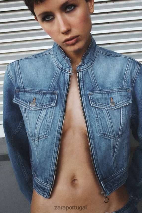 z1975 jaqueta jeans cropped desfiada mulheres Zara meio azul Z2080L124 roupas