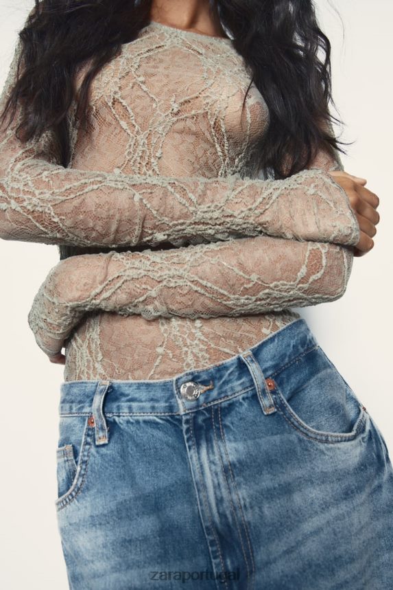 body de renda mulheres Zara cáqui claro Z2080L269 roupas