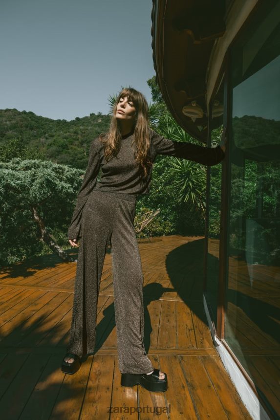 crop top com fio metalizado mulheres Zara ouro Z2080L247 roupas