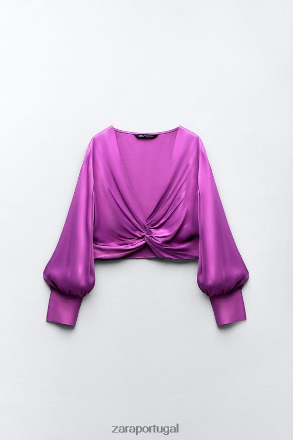 top com efeito de cetim com nó mulheres Zara roxo Z2080L272 roupas