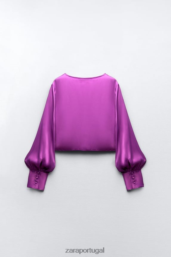 top com efeito de cetim com nó mulheres Zara roxo Z2080L272 roupas