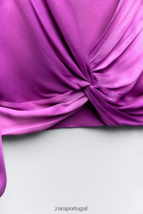 top com efeito de cetim com nó mulheres Zara roxo Z2080L272 roupas