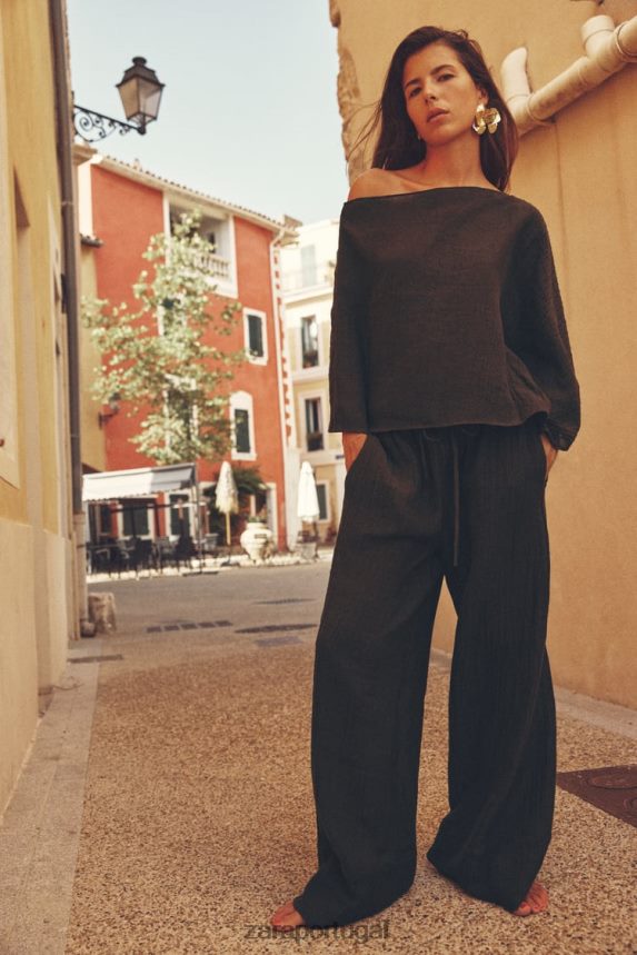 top de mistura de linho assimétrico mulheres Zara marrom escuro Z2080L280 roupas